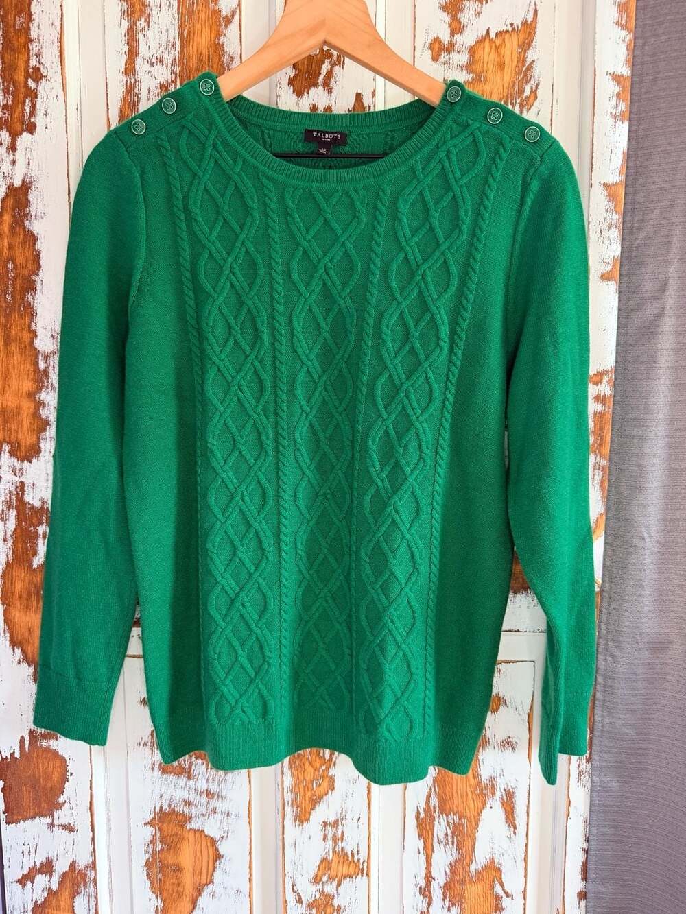 Talbots Womenโs Cable Knit Crewneck Lambs Wool Sweater Size LP Green Fisherman